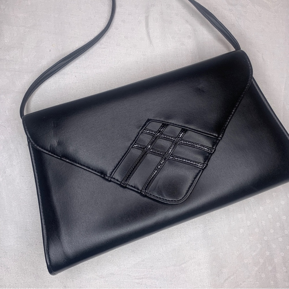 Vintage Purse Handbag Crossbody Strap Black Faux Leather Chic Retro Sleek 80s